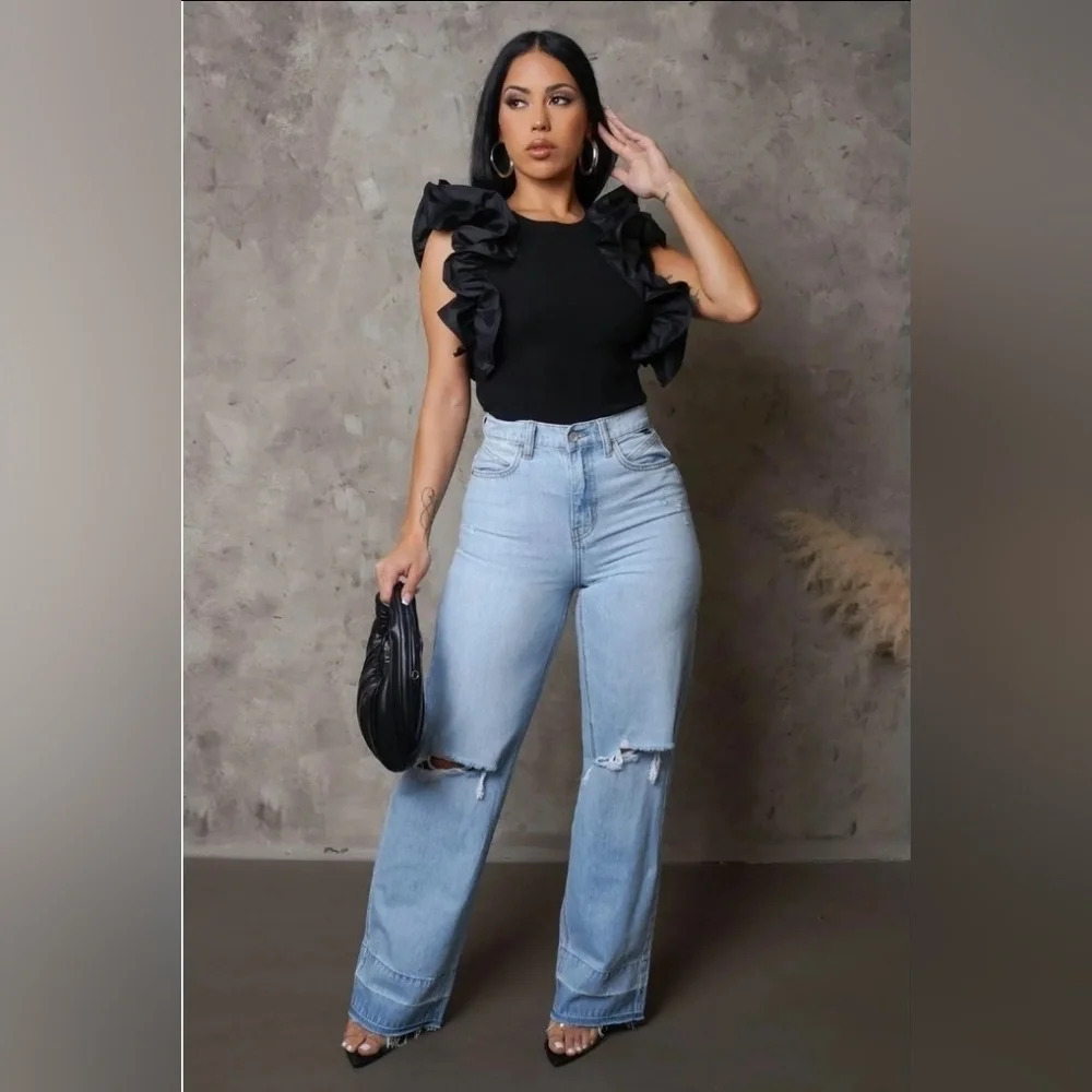 Cello Light Blue Distressed Wide Leg Jeans